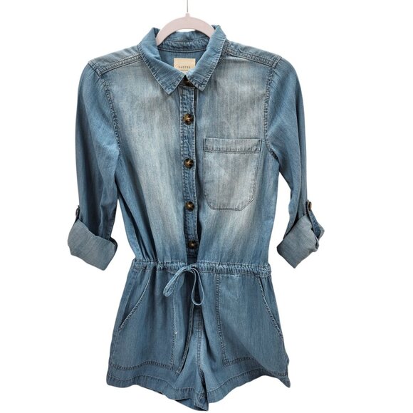 Harper Heritage Chambray Romper Long Roll-Up Sleeves Women's Size Small - Picture 2 of 16